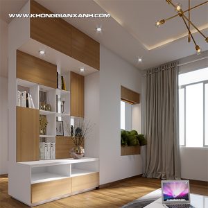 Kệ trang trí kết hợp làm vách ngăn phòng khách và bếp đã giúp ngăn cách rõ rệt hơn cho căn phòng.