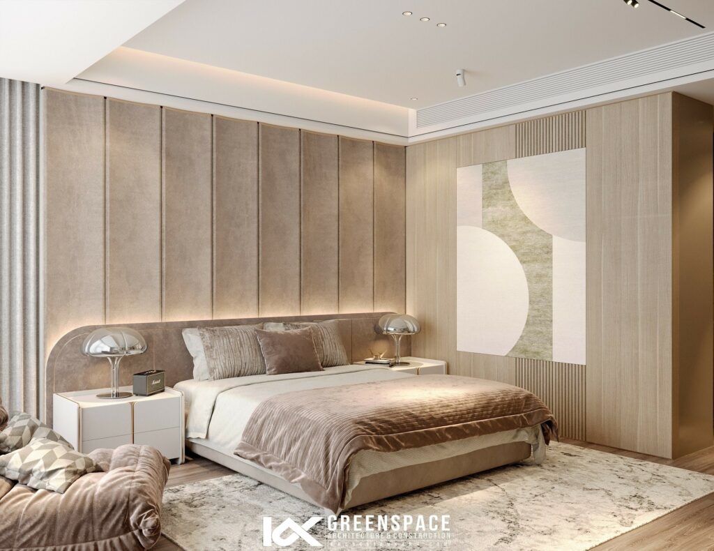 Phòng ngủ với tường lát gỗ.
