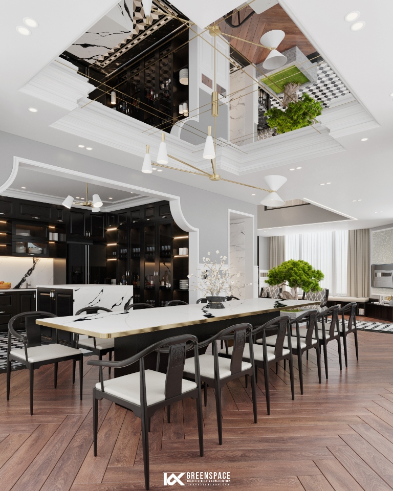 Không gian mở phòng ăn và khách bếp trong biệt thự hiện đại 